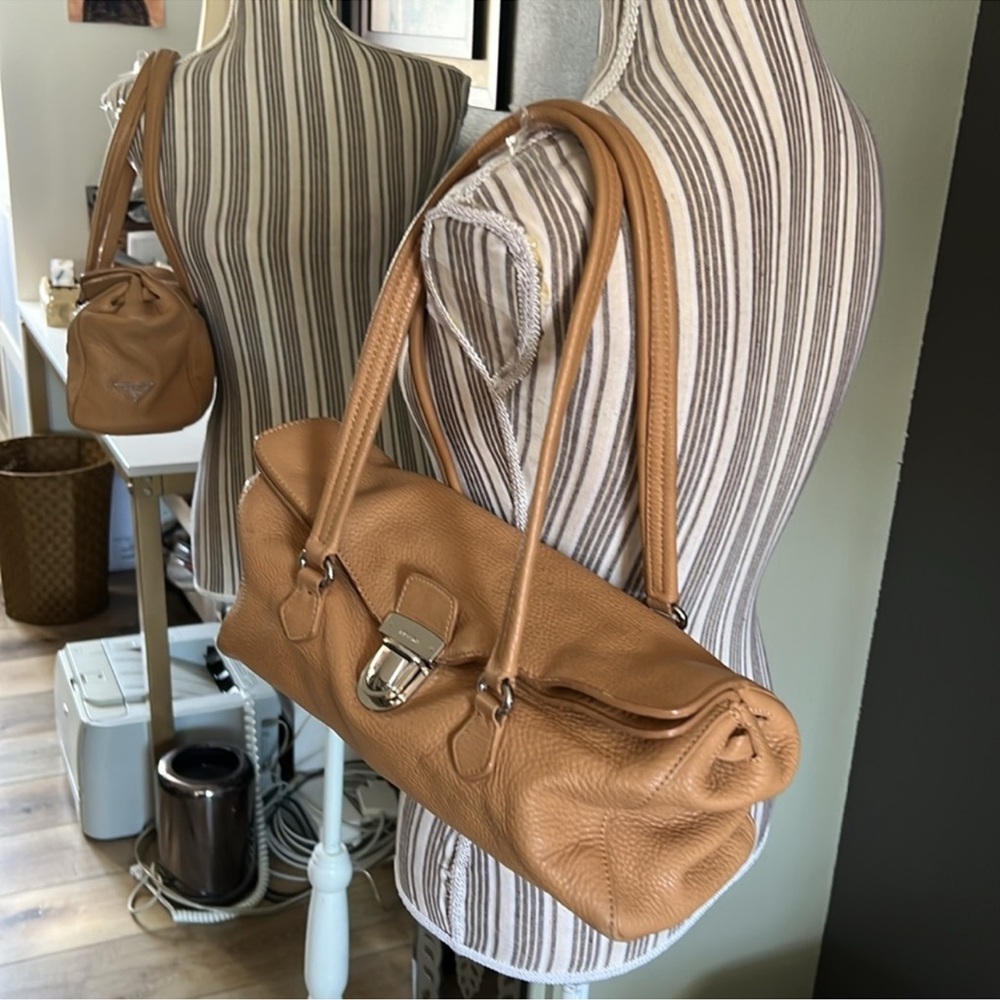 PRADA Tan Leather Hobo Shoulder Bag with Buckle Detail